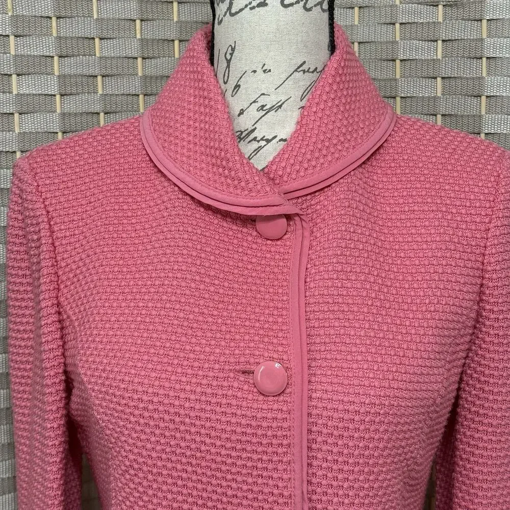 St John TEXTURED KNIT Blazer Size 6 BUBBLE GUM PINK Wool Silk Blend Round Collar